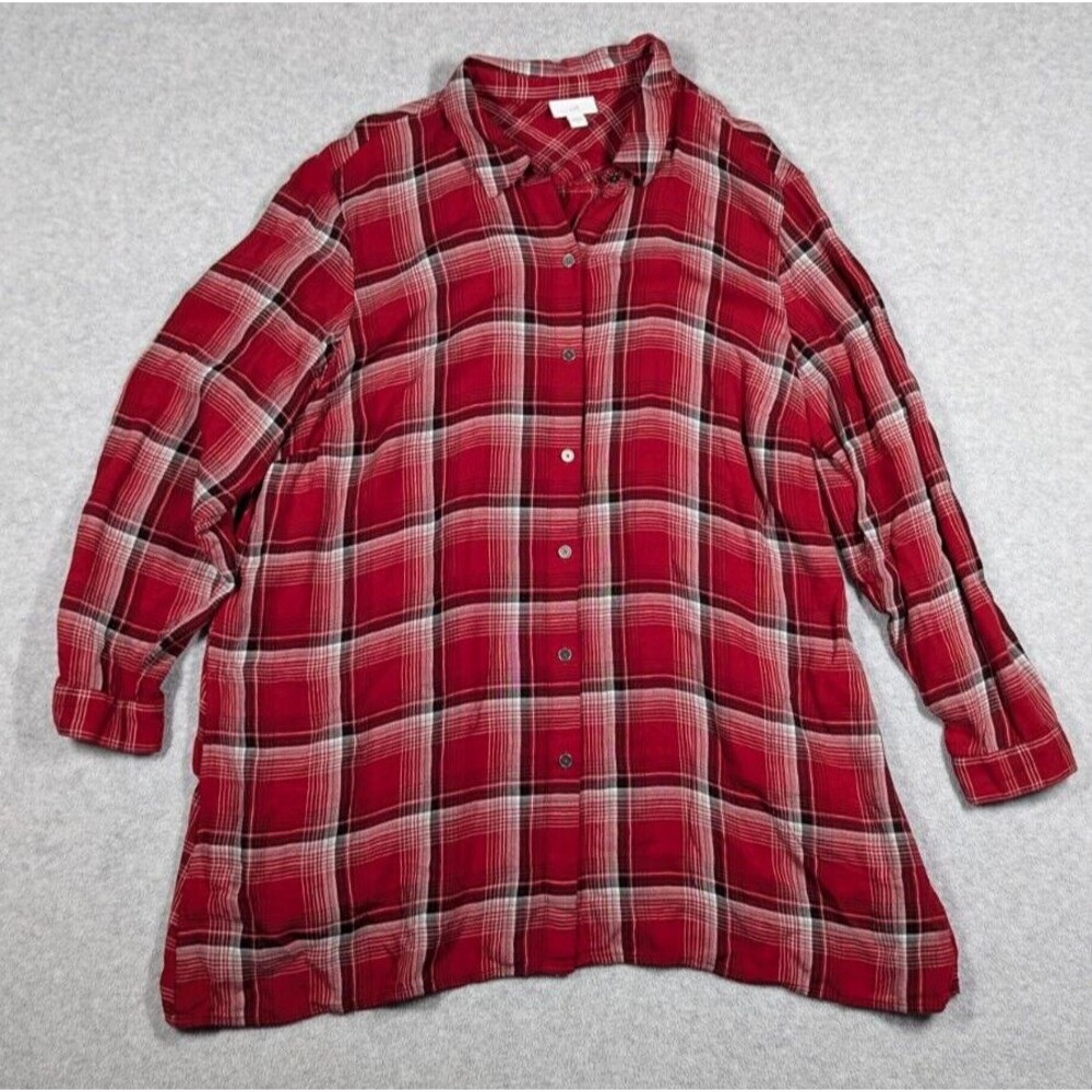 J.Jill Women Top XL Gauze‎ Mix Plaid Button Up Long Sleeve Lightweight Pockets